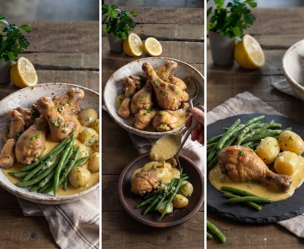 Muslos de pollo en salsa de ajillo con judías verdes y patatas